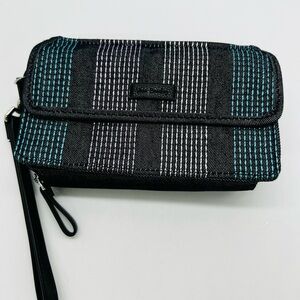 Vera Bradley Black and Teal Embroidered Striped Crossbody Wristlet NWOT